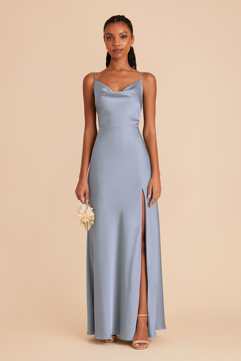 Dusty Blue Lisa Long Matte Satin Dress by Birdy Grey