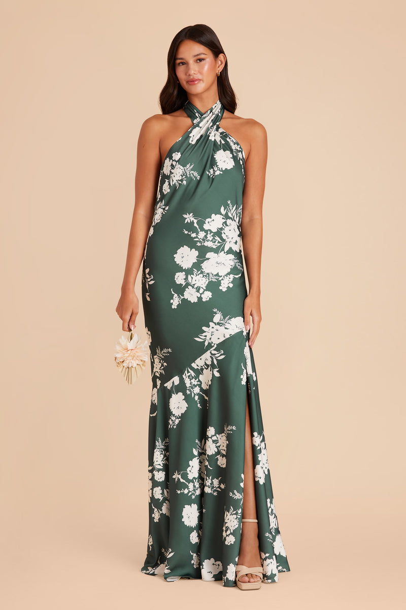 Eucalyptus Whimsical Blooms Stephanie Matte Satin Dress by Birdy Grey